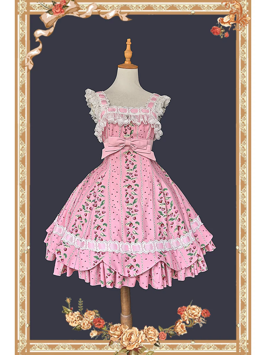 Berries & Strawberry - Old School Lolita JSK Dress Set, Strawberry Print 46097:874963