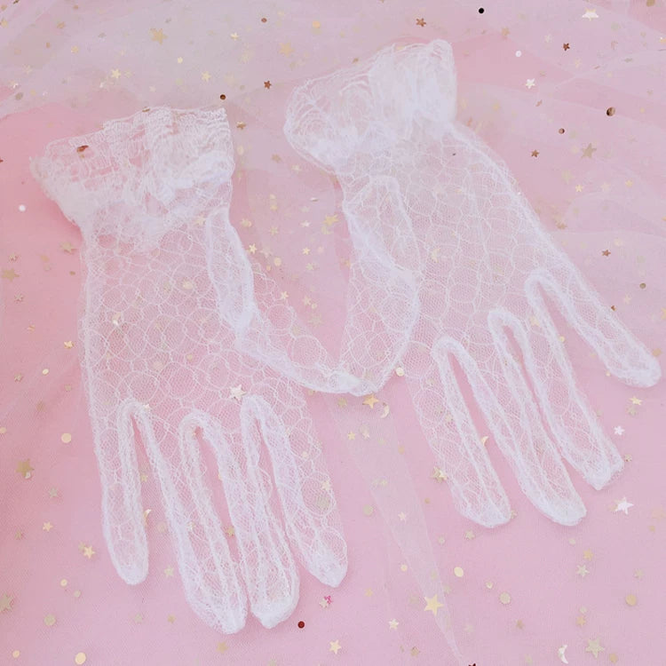 Handmade Lolita Wedding Lace Gloves One size White Lace Gloves (without bow)