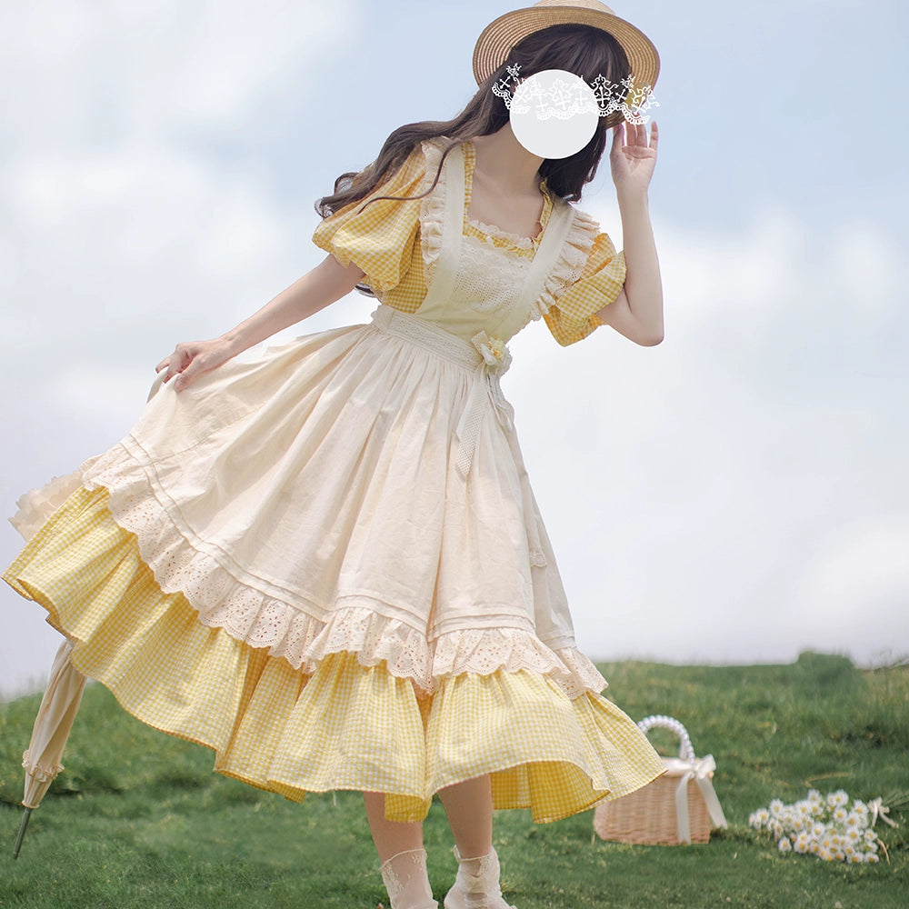 HuTaoMuJK~Belle~Yellow Lolita OP Dress Set Apron Dress Plaid Print   
