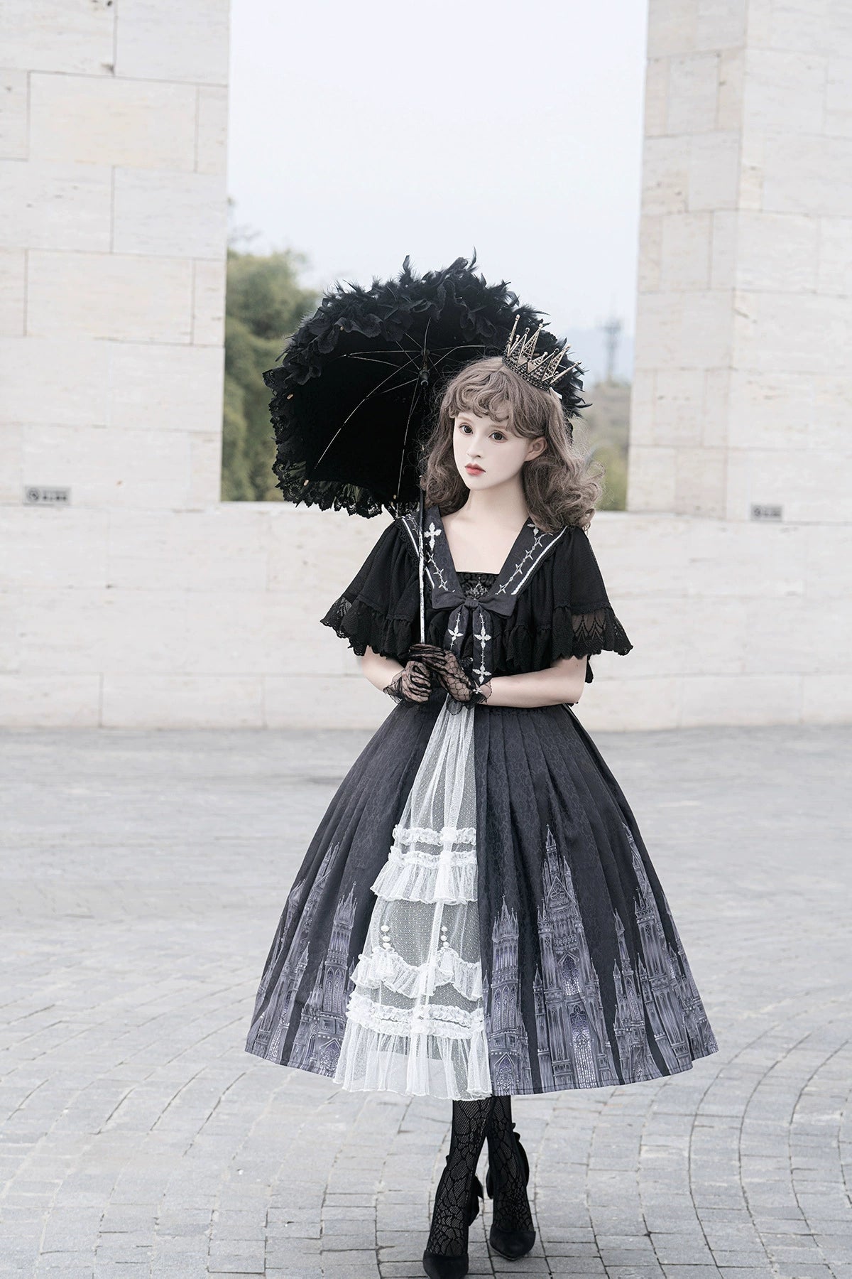 Cornfield Lolita - Silent Church - Gothic Lolita JSK Front Open Printed Dress and Thin Cardigan Set