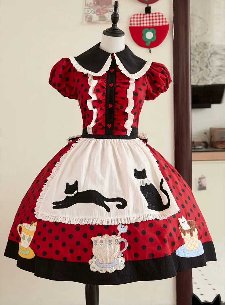 Teacup Meow - Old School Lolita Polka Dot OP Dress, Cat and Teacup Patch 45490:852664