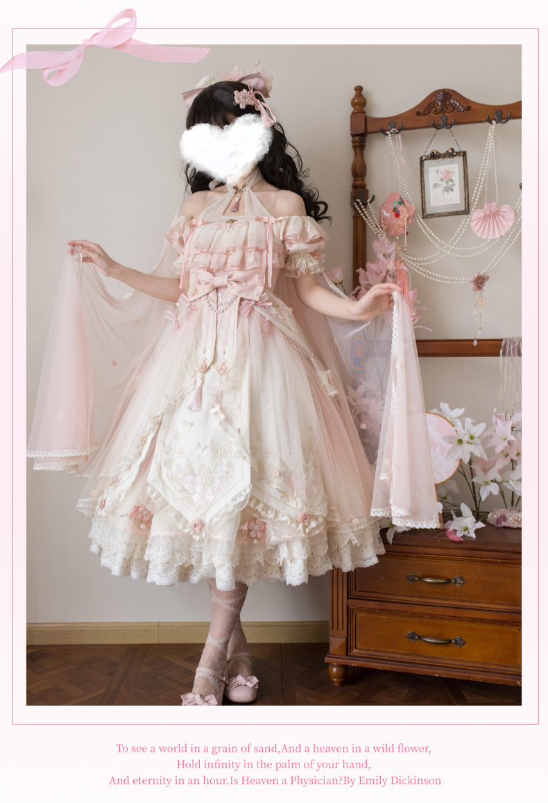 Unicorn Wings~Quetao~Pink Lolita Chinese Style Dress Outfit Halter Collar OP