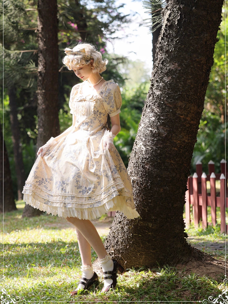 (BFM)Aurora Borealis~Rose Waltz~Classic Lolita Square Neckline Six-piece Cut OP Dress   