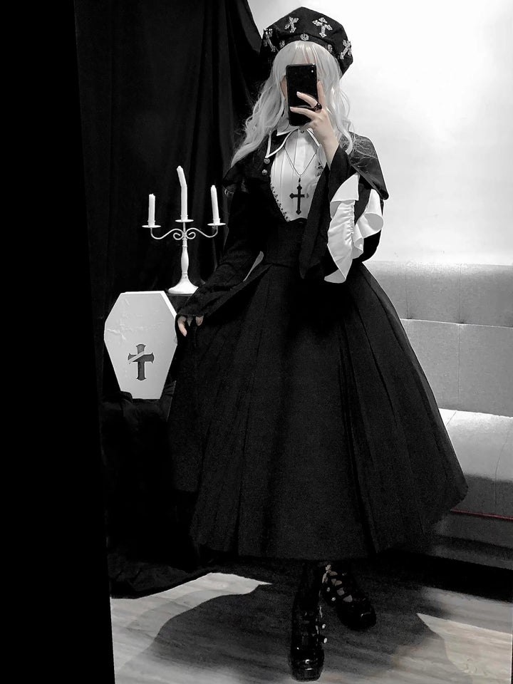 Cute Girl~Cross Praise~Gothic Lolita OP Dress Nun Style Long Sleeve Dress   