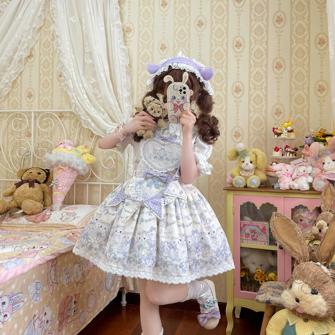 Akiyama Future Studio~Rose Cat~Sweet Lolita Salopette Floral Print Dress   