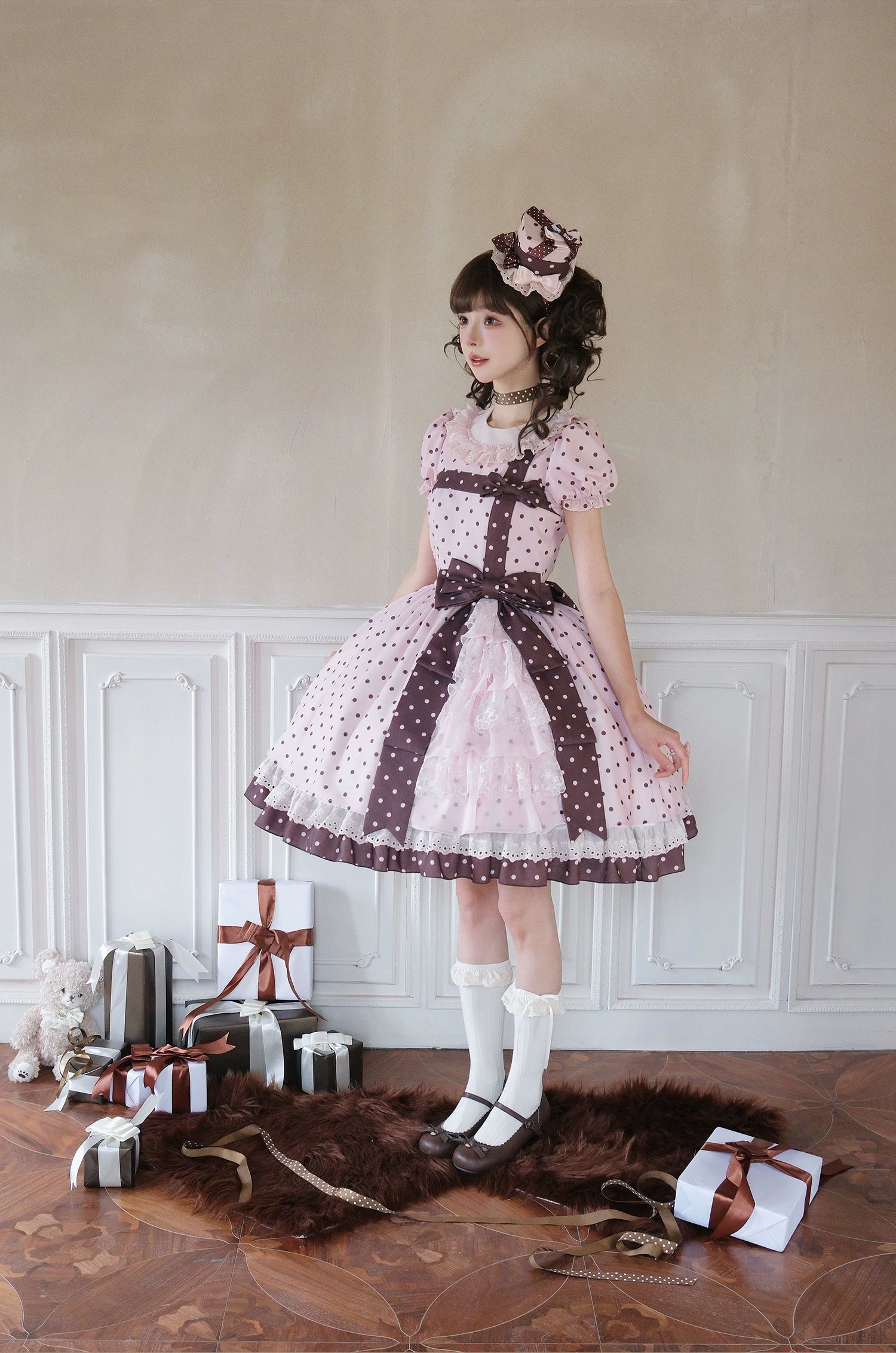 Coralie Box - Old School Lolita Polka Dot OP Dress, Cotton Round Collar 45520:851993