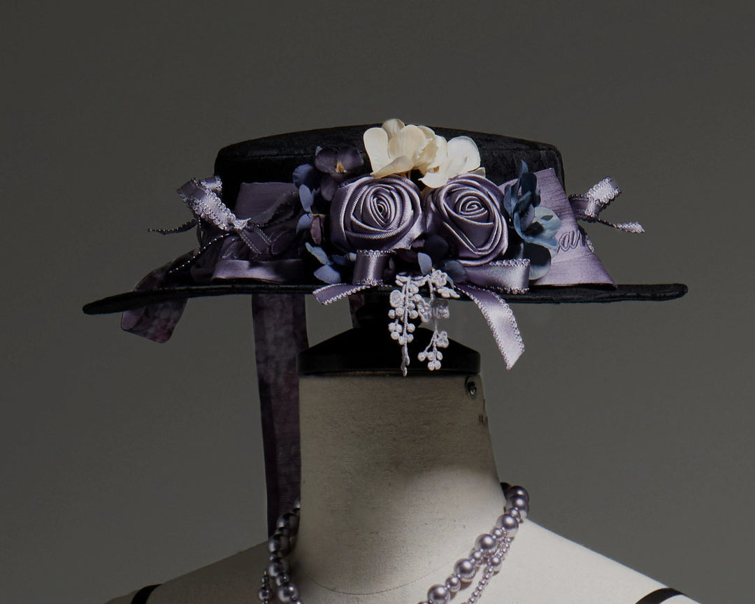 ZUOlanrichen~Romantic Rose~Classic Lolita Accessory Headdress Detachable Sleeves Black and Purple Top Hat Only(free size) F