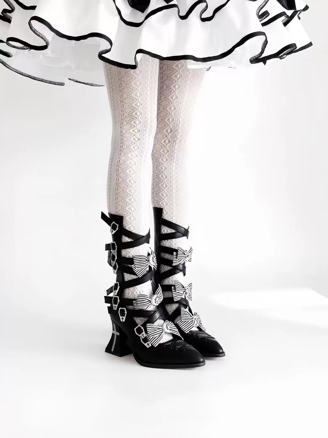 Moon-Raven Dream - Gothic Lolita Pointed Toe Heeled Boots, Cross Strap 45893:867076
