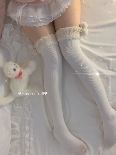 Roji Roji~Winter Fuzzy Ball Lolita Socks Over Knee Thick Socks Free size White (over-the-knee socks)-60cm 
