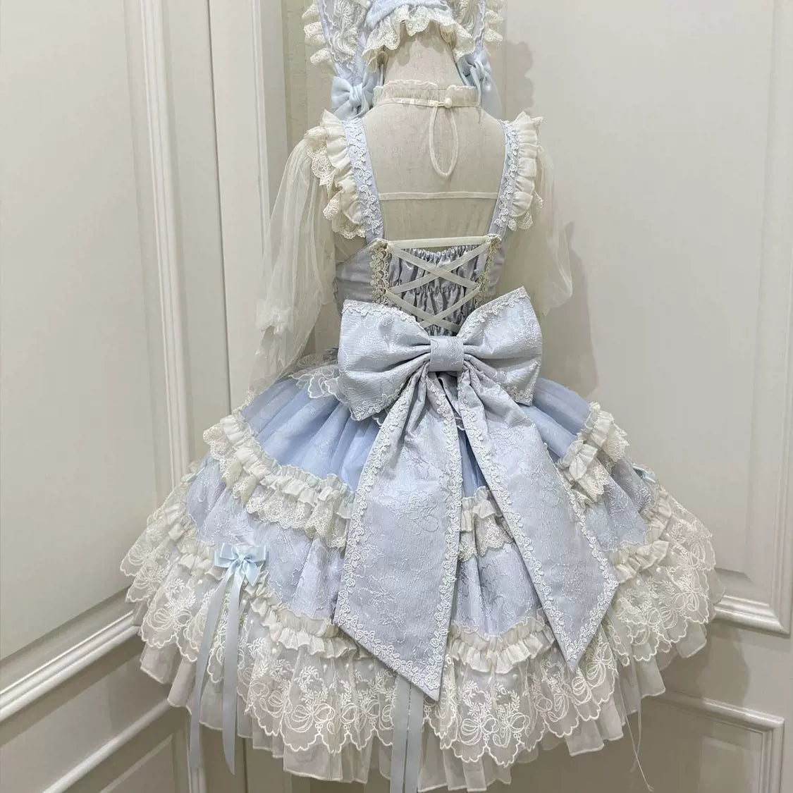 Blooming Love - Ballet-inspired Sweet Lolita JSK Dress, Lace & Bows Blue - JSK + Back Trailing Bow S