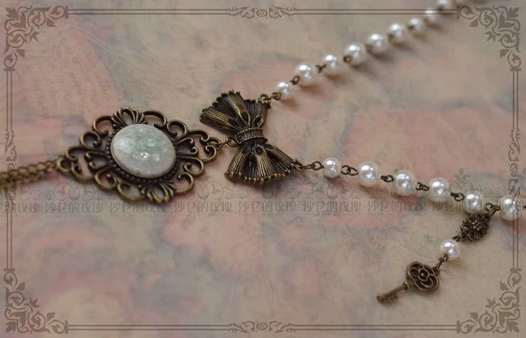 Vintage Lolita Artificial Pearl Necklace with Key Charm