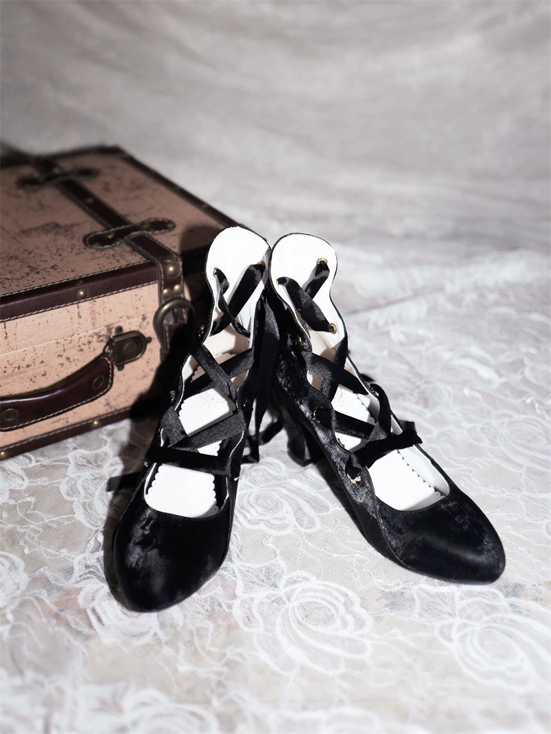 MR.Qiutian - Forbidden Dance - Elegant Lolita Velvet Shoes, Adjustable Lace-Up Straps Black 35