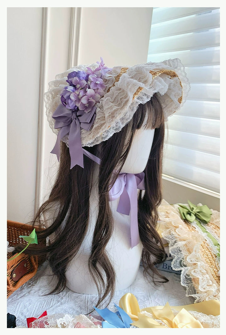 With PUJI~Floral Language~Country Lolita Lace Bow Flat Cap Straw Hat   