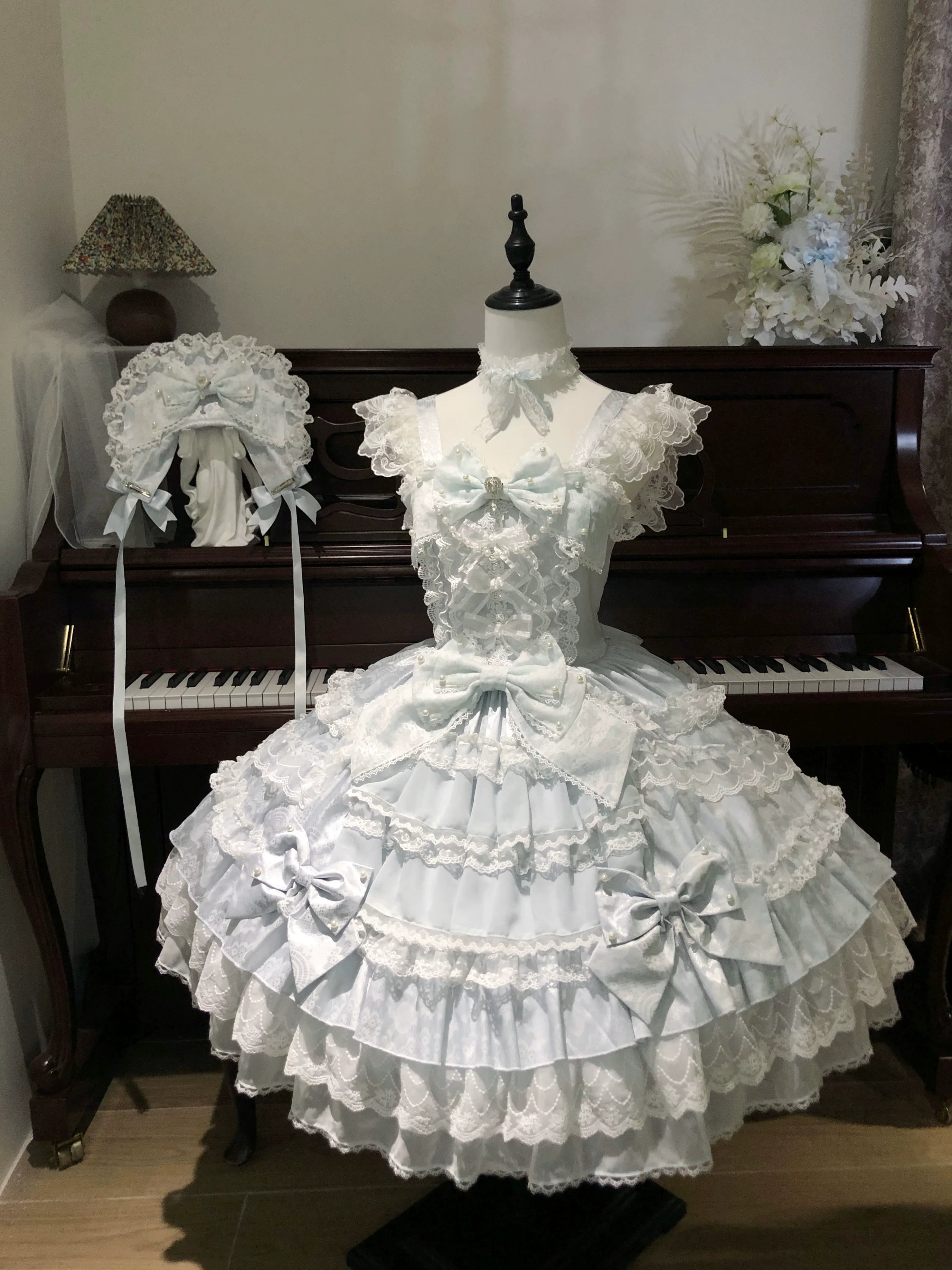Slumbering Pearl Curtain - Sweet Lolita JSK Dress, Pearl Bows and Layered Lace 45780:862489