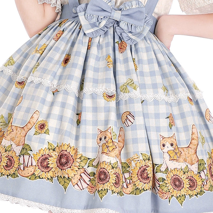 Chaton Jardin~Sunny Cat~Sweet Lolita Suspenders SK Sunflower Print Lolita Skirt Small size (fits S-M) Light blue 