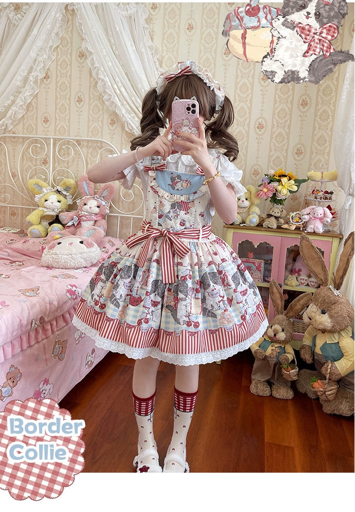 Akiyama Future Studio~Border Collie Cherry~Kawaii Lolita Salopette Cherry Print Dress   