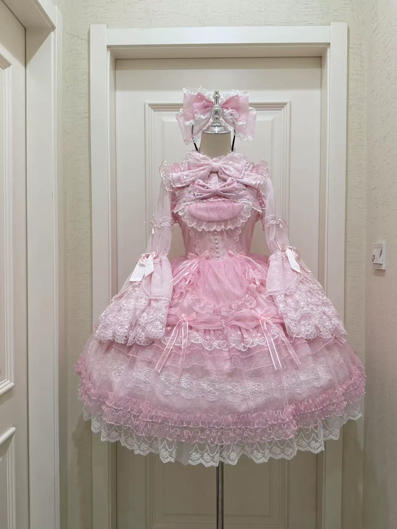Sugar Knot - Sweet Lolita Chiffon JSK, Tiered Skirt, Doll-Like Pink JSK Only S