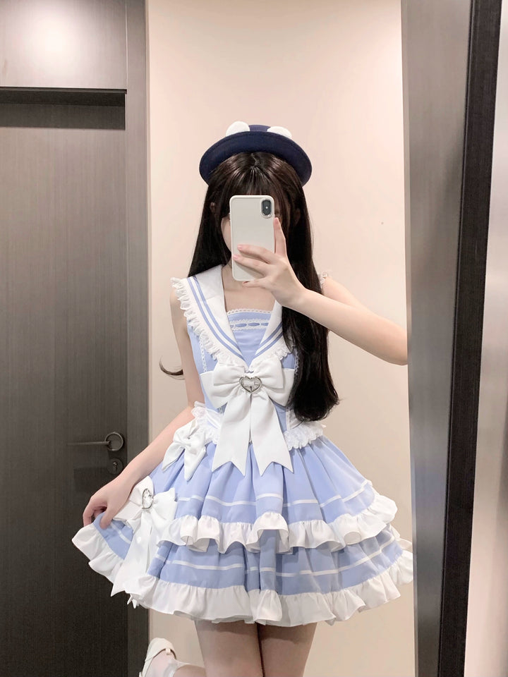 Platycodon House~Going to the Sea~Sailor Lolita OP Youth Lolita JSK Tiered Dress