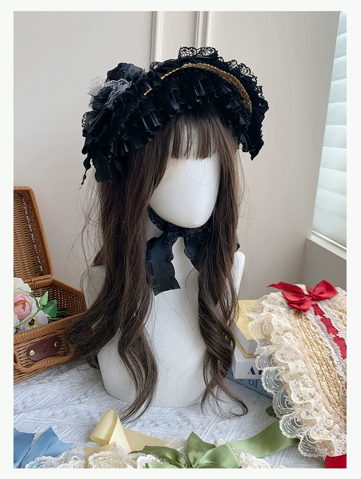 With PUJI~Floral Language~Country Lolita Lace Bow Flat Cap Straw Hat   