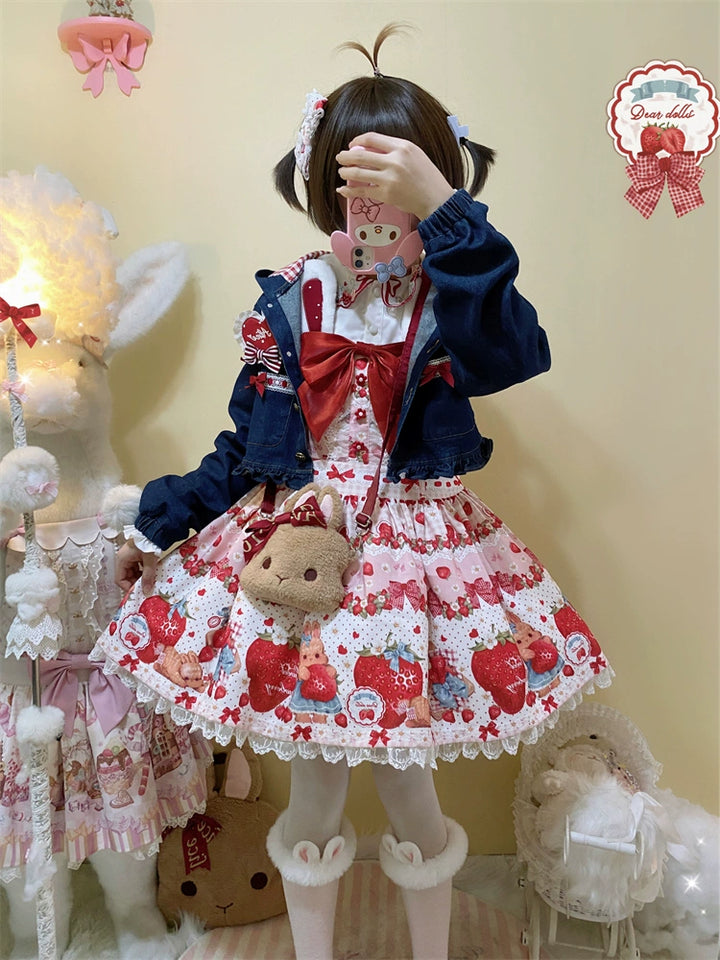 To Alice~Spring Strawberry Bunny~Kawaii Lolita Salopette Dress Hooded Coat and Blouse