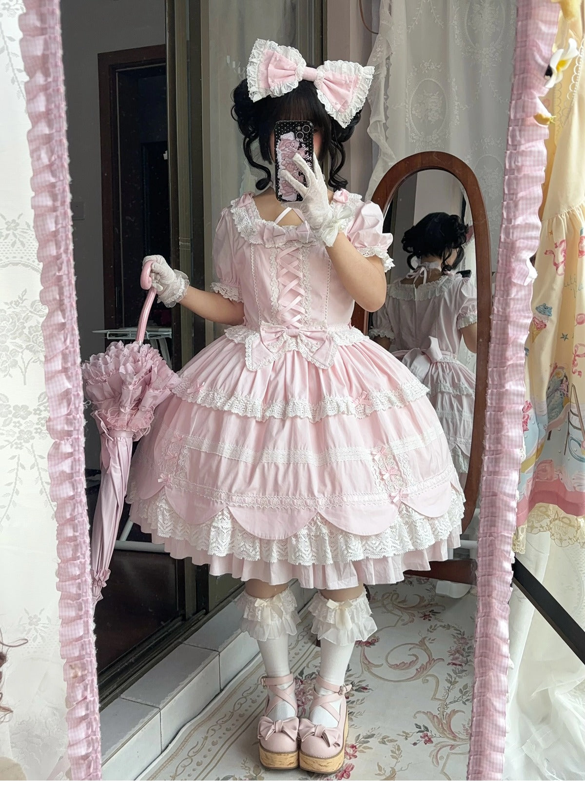AerialCat~Cream Petals~Old School Lolita OP Tiered Ruffles Cotton Dress 42762:752767