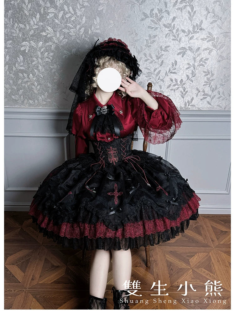 Dark Fog Feast - Gothic Lolita Bust-support Strap Dress, Lace & Cross 45256:842574