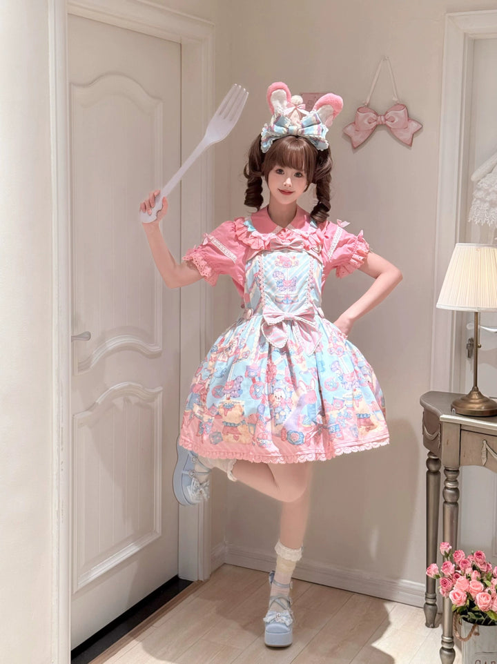 Star Fantasy~Rainbow Buffet Bunny~Candy-Like Kawaii Lolita Dress Suit with Plus Size Shirt S Salopette only Blue
