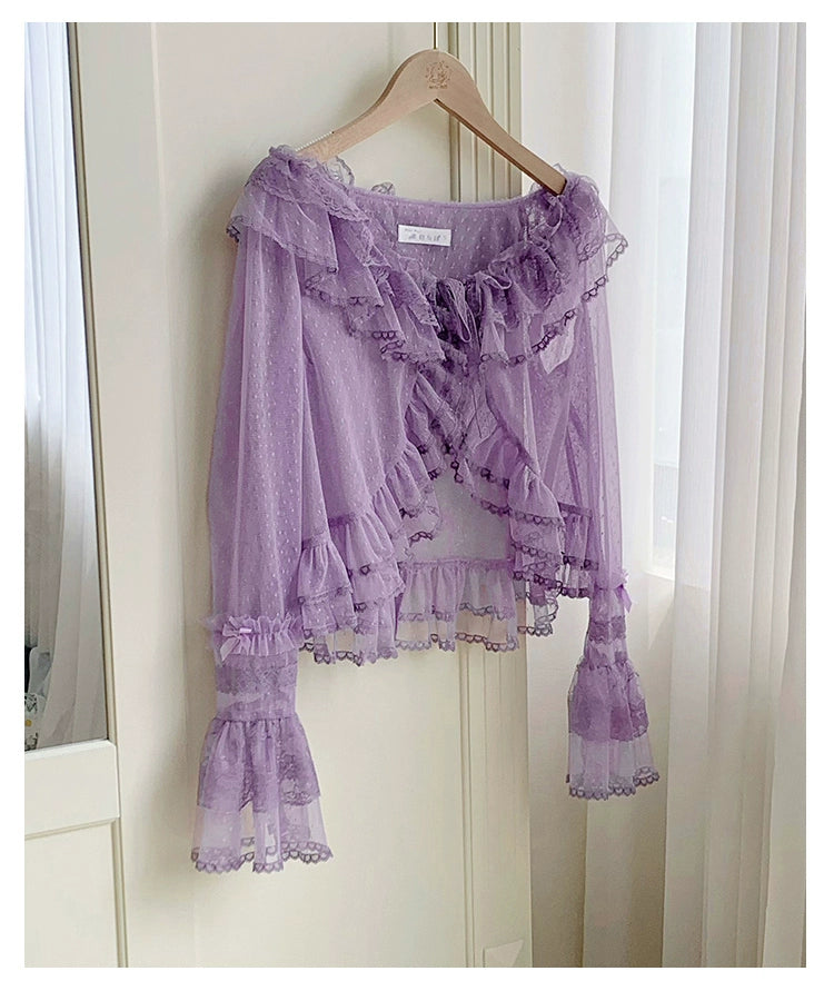 With PUJI~Flower Visage~Summer Lolita Sheer Cardigan with Rose Brooch
