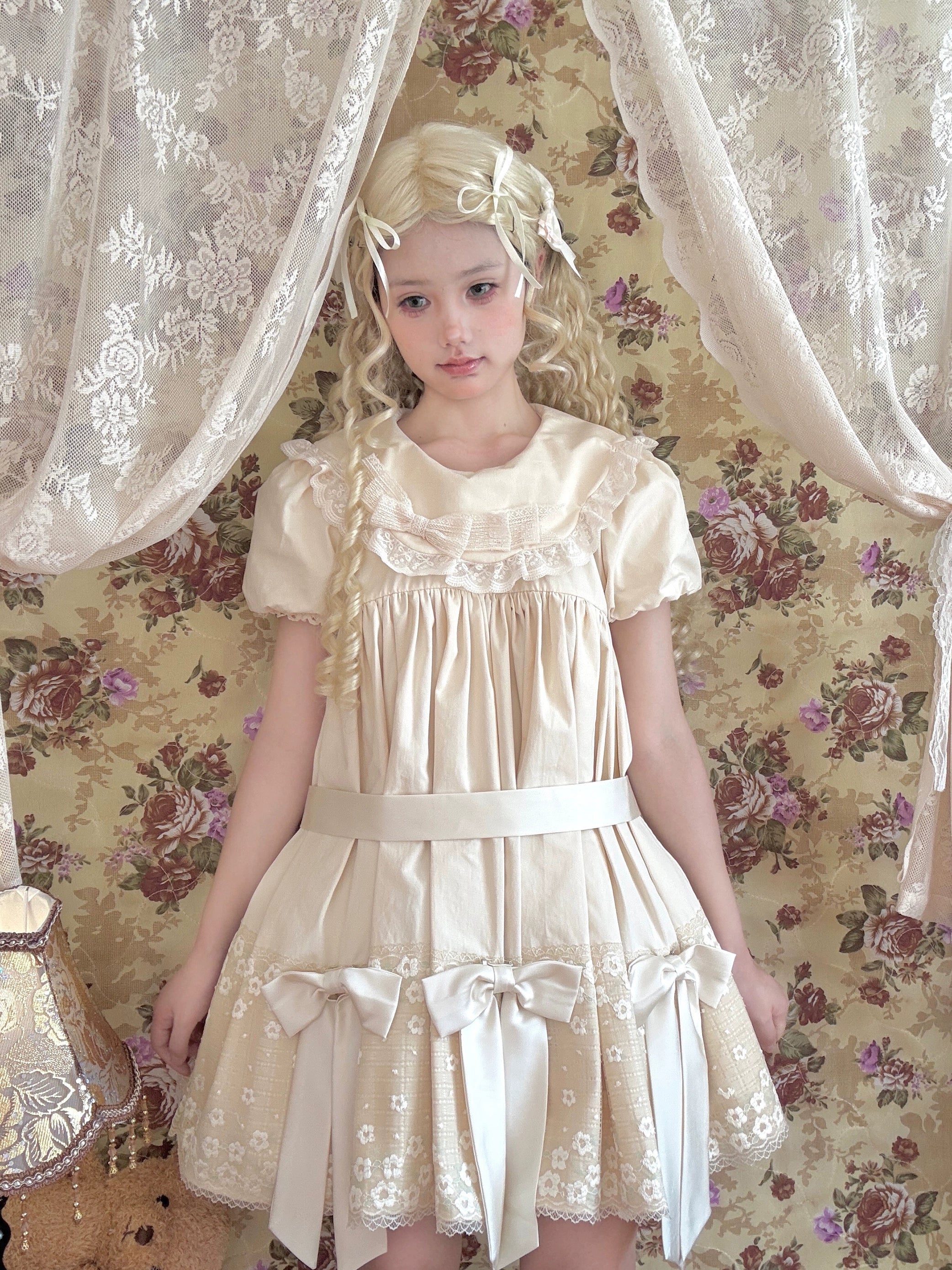 Fresh Tea Lolita - Meringue Frosting - Cotton Kawaii Lolita OP Dress with Satin Bow