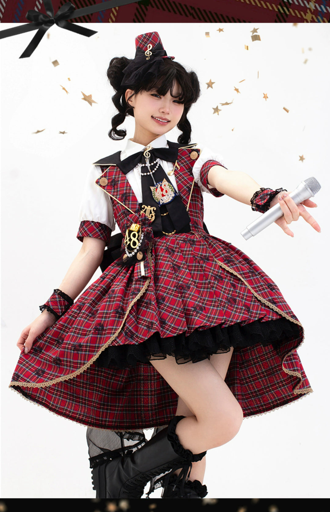 Forest Fluorescent Carps~IP Collab Sweet Lolita Performance Outfit Red Plaid JSK Full Set   