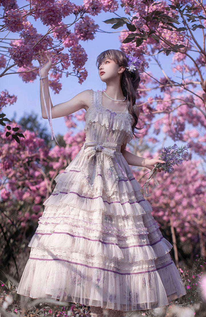 Avenue Denfer~Floral Veil~Elegant Lolita JSK Suit Floral Print Dress and Tulle Shawl