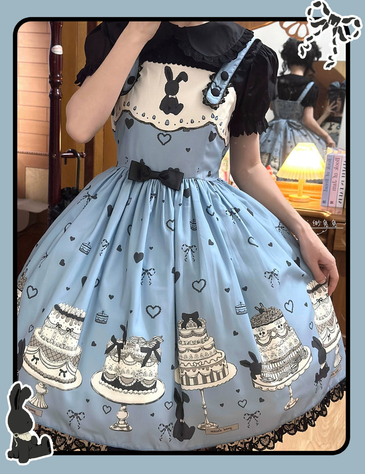 Sweet Dream Sheep - Cake Bunny - Blue Sweet Lolita Dress, Bunny&Cake Print