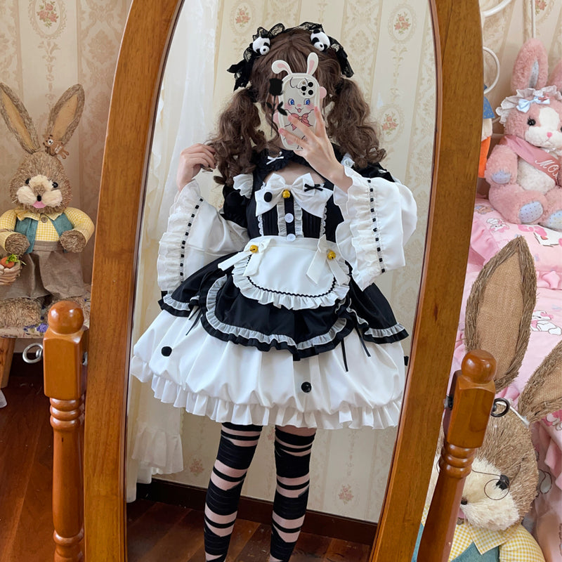 Hanguliang - Cute Maid Lolita Apron OP Dress S Black (Dress + Apron + Cuffs)