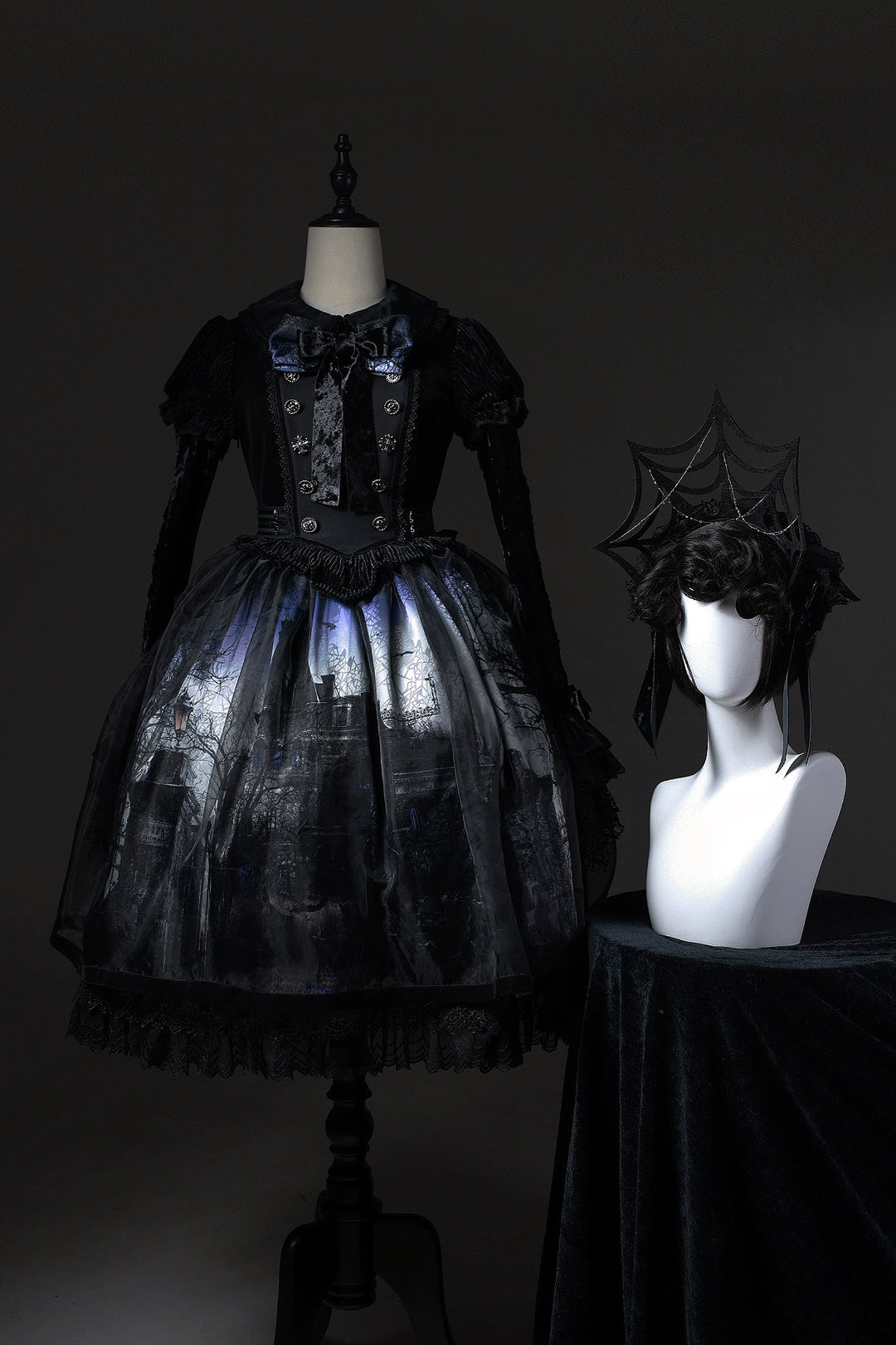 LilithHouse~Horror House~Gothic Lolita OP Set with Cape and Castle Print (L M S XL XS) 42156:729043