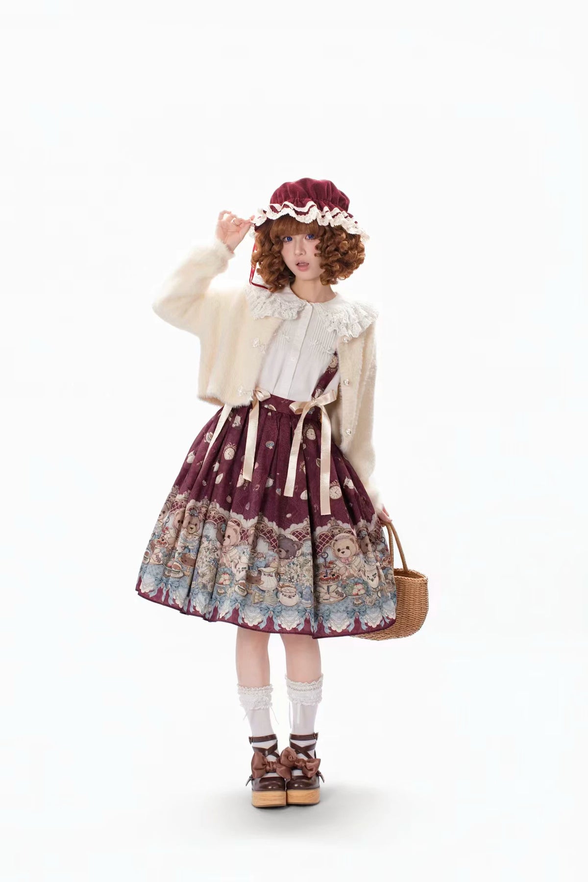 Bear's Tea Party - Kawaii Vintage Lolita Suspender Skirt, Bear Print 46007:871900