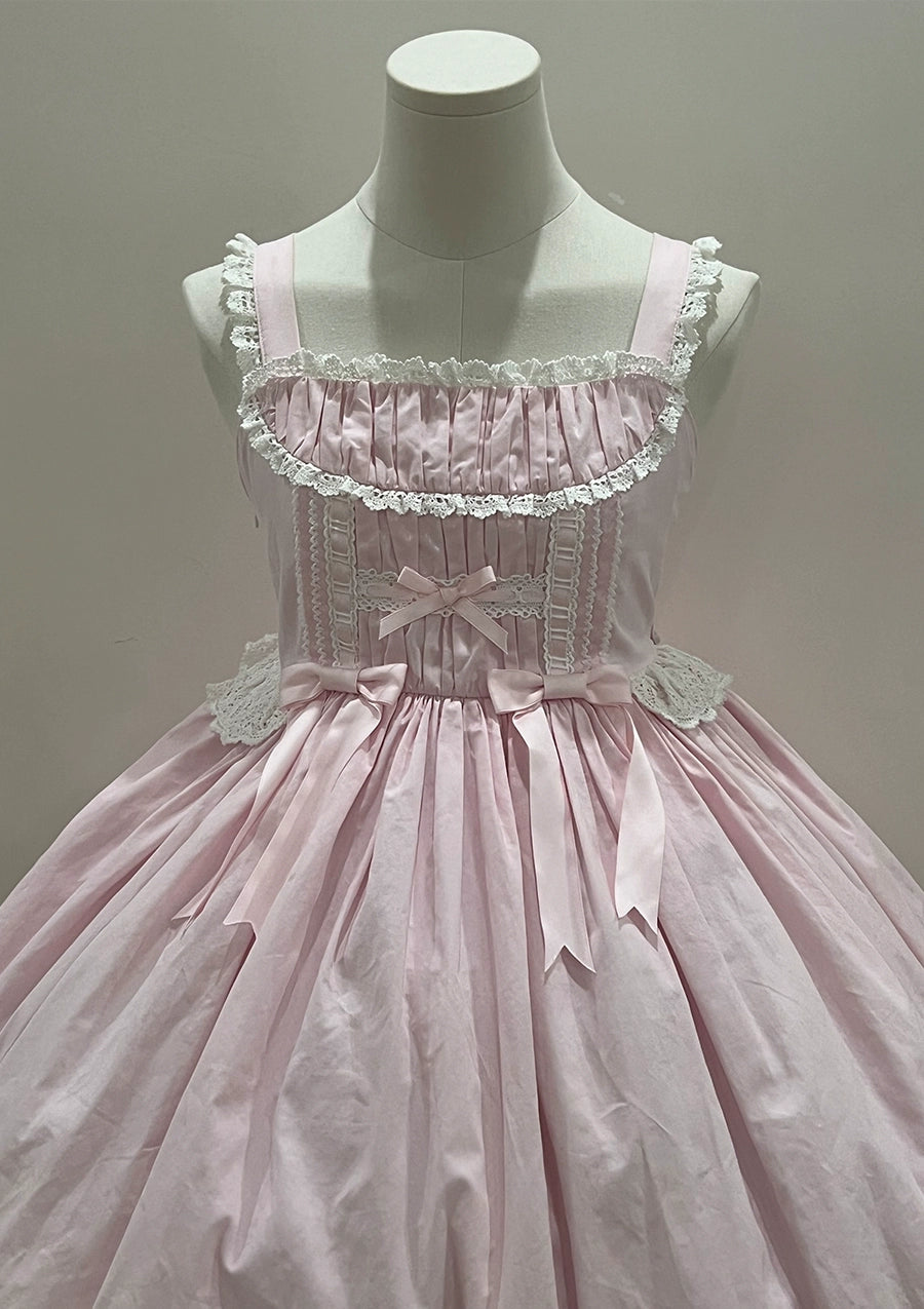 (BFM)Little Bear~Laura's Doll~Vintage Lolita Dress Cotton OP JSK Splicing Sleeves Pink JSK S 