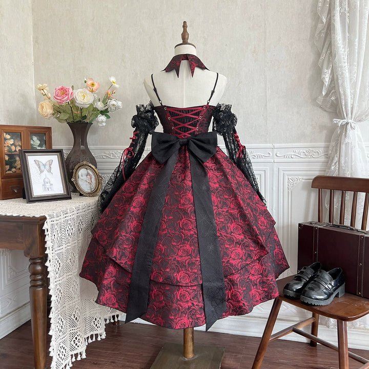 Cornfield Lolita~Rose Blood~Black Red Gothic Lolita JSK Jacquard Court Dress 40688:673038