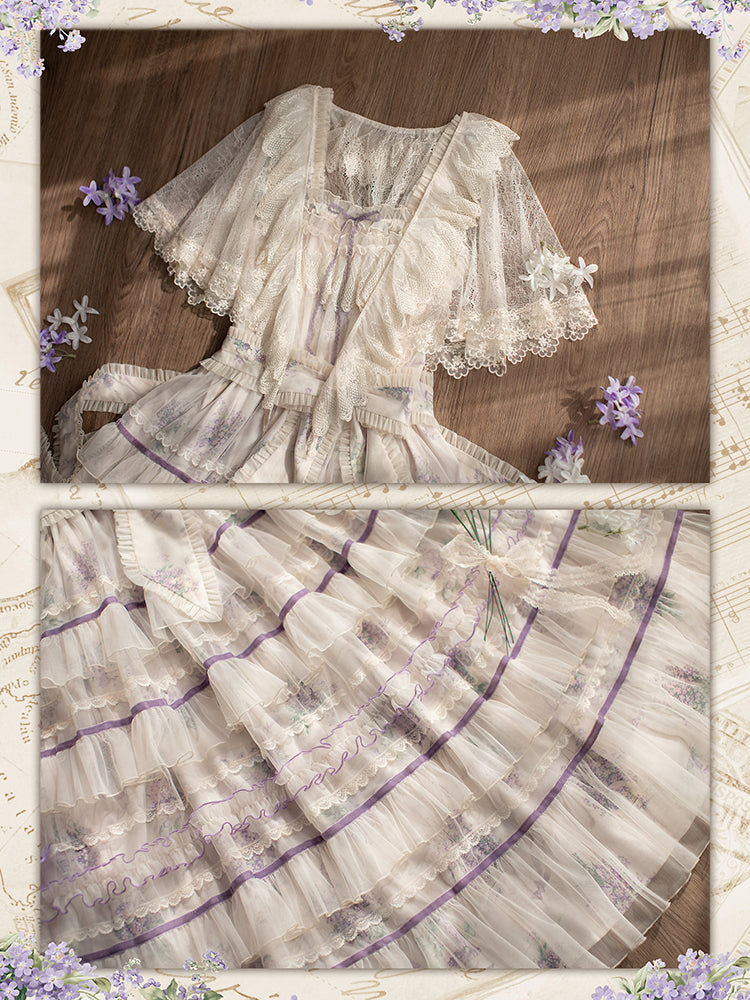 Avenue Denfer~Floral Veil~Elegant Lolita JSK Suit Floral Print Dress and Tulle Shawl 42393:738771