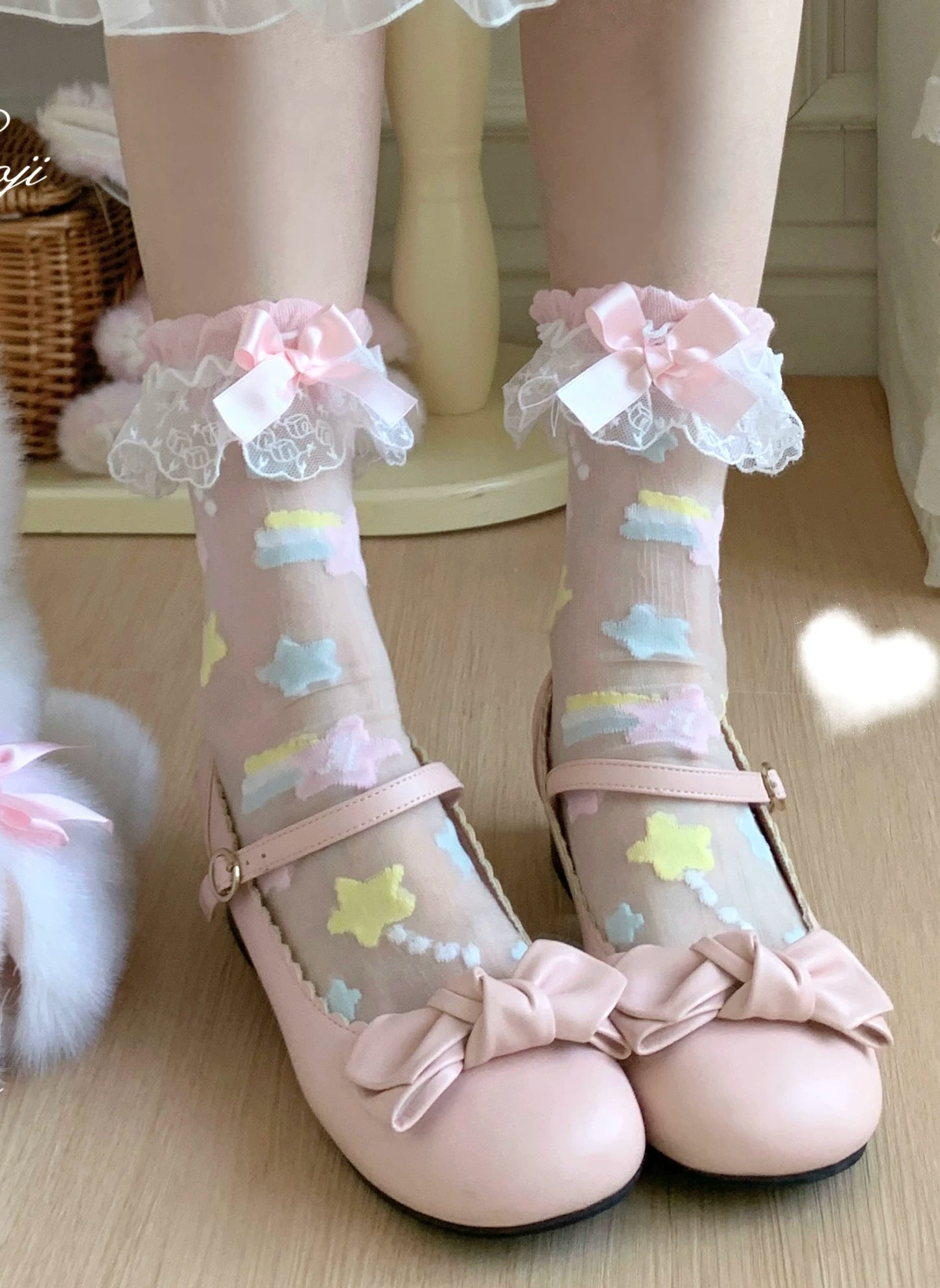 Sweet Lolita Star Embroidered Socks with Colorful Satin Bow 45610:855321