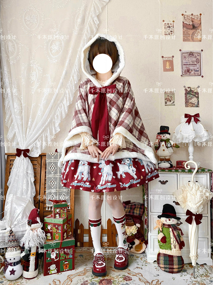 Qianmu~Waffle~Kawaii Lolita Cape Daily Lolita Plaid Hoodie Cloak