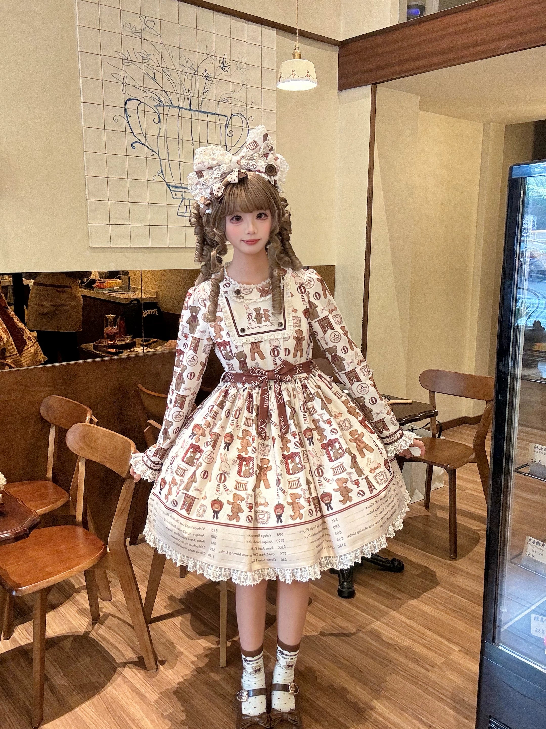 Fairyfaith - Little Bear Daily - Kawaii Lolita Embroidered JSK & OP Dress, Bear Print 44384:806209