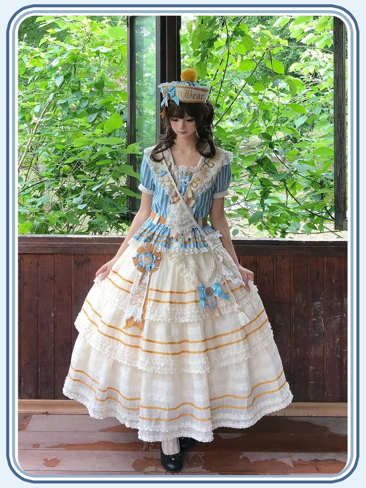 Antique Naval Bear - Striped Classic Lolita Sailor Collar OP, Bear Embroidery 45518:853943