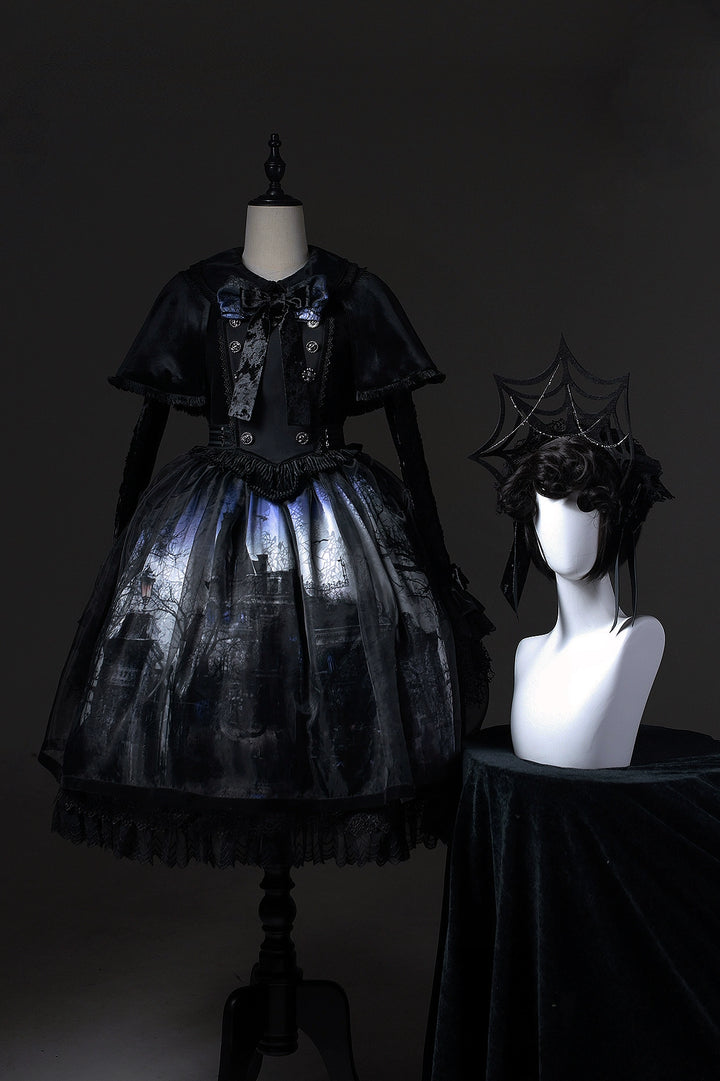 LilithHouse~Horror House~Gothic Lolita OP Set with Cape and Castle Print 42156:729019