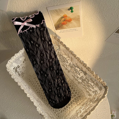 WAGUIR~Kawaii Lolita Thin Lace Socks free size black socks pink knot 