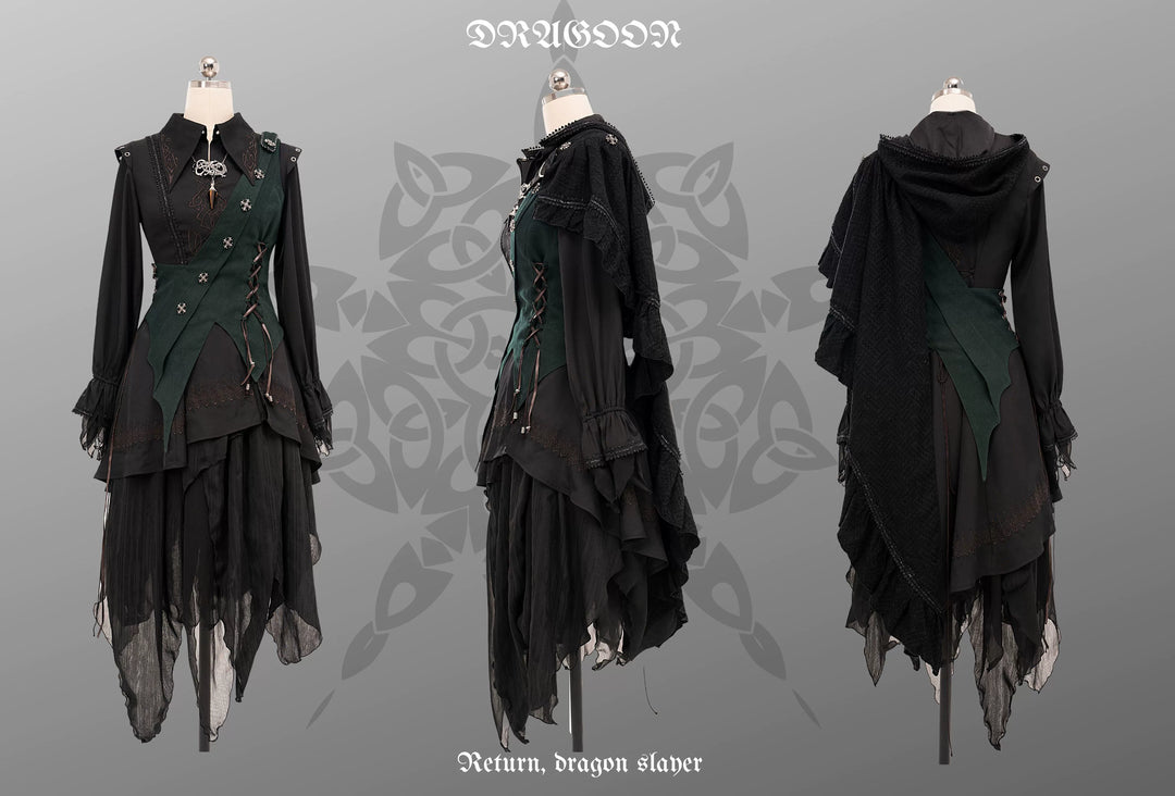 Wuyuzhe~Dragon Knight 2.0 Version~Western Fantasy Style Suit Gothic Shirt Vest Skirt free size black green FS(black shirt+green vest+black skirt+black cape) 