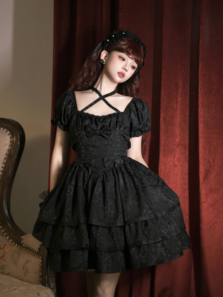 Eieyomi~Thorn Rose~Gothic Lolita Three-layer Ruffle Black OP   