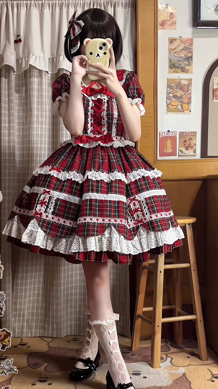 AerialCat~Cream Petal~Old School Lolita OP Dress Cotton Lolita Dress Red Plaid - OP S 