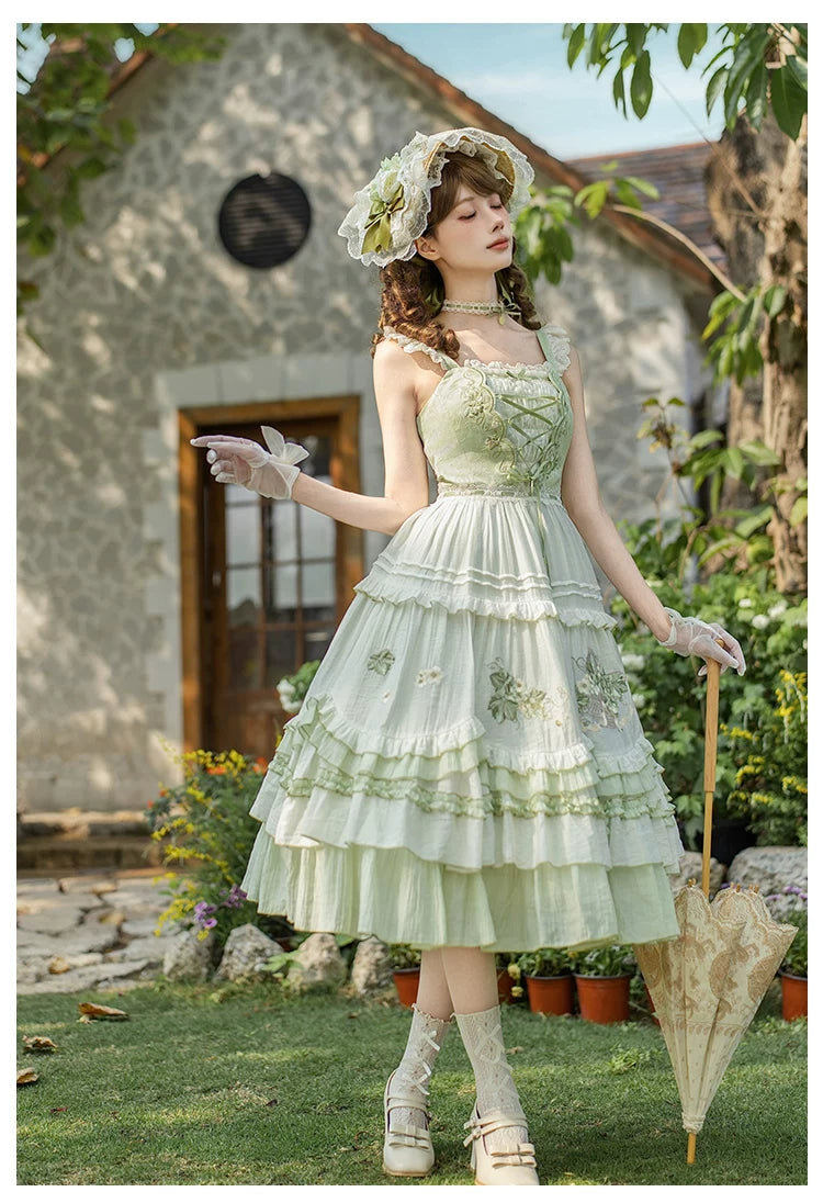 Green Grape - Embroidered Country Lolita OP Dress, Tiered JSK
