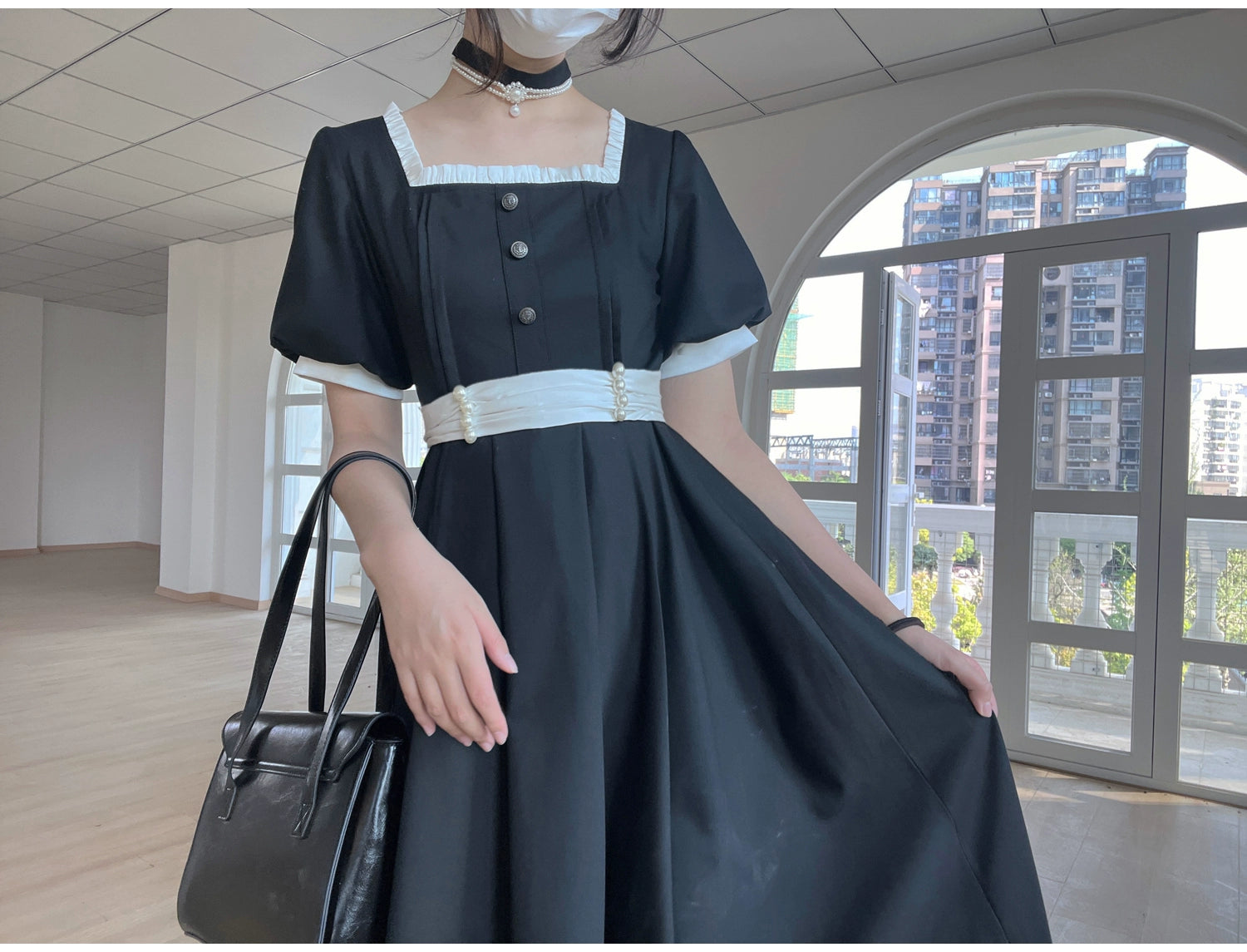 (BFM)HuTaoMuJK~Thoughts~Vintage Lolita OP Dress Square Neckline Black Lolita Dress 35832:504646