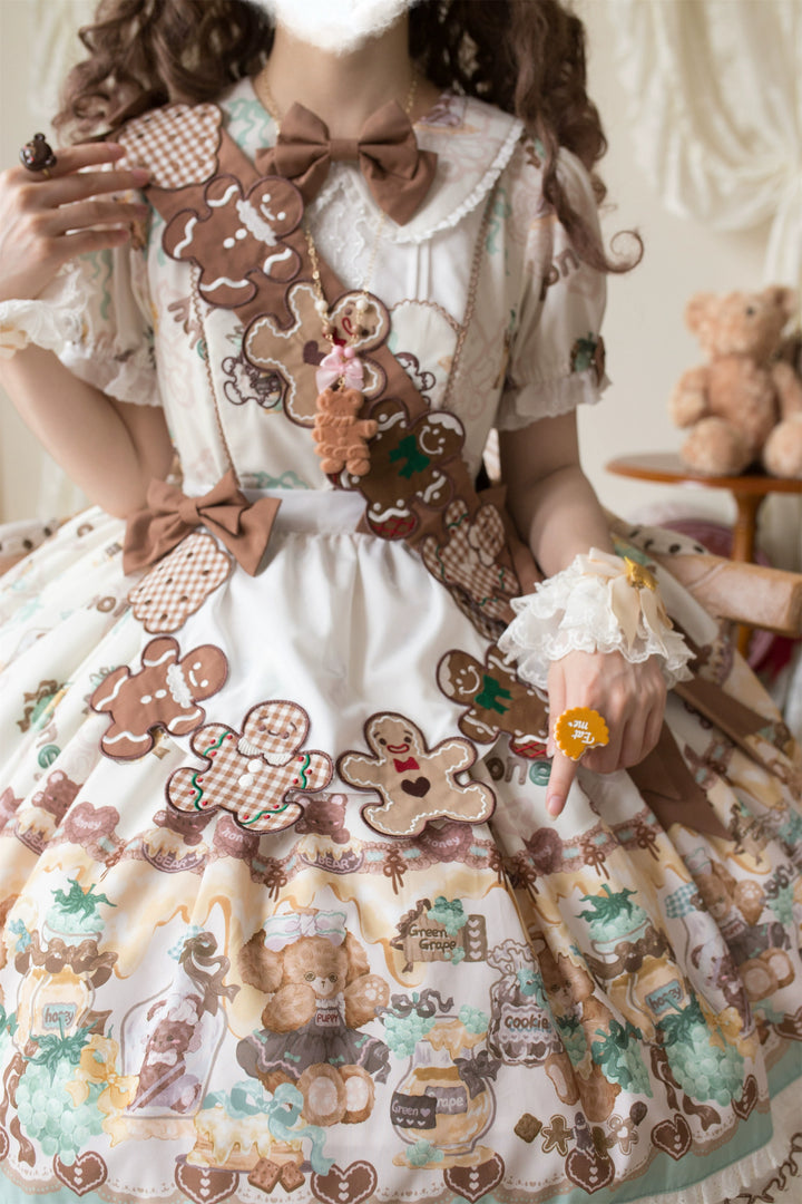 Babyblue~Little Bear Honey Jar~Kawaii Lolita Short Sleeve OP Gingerbread Man Embroidered Dress 40362:656864